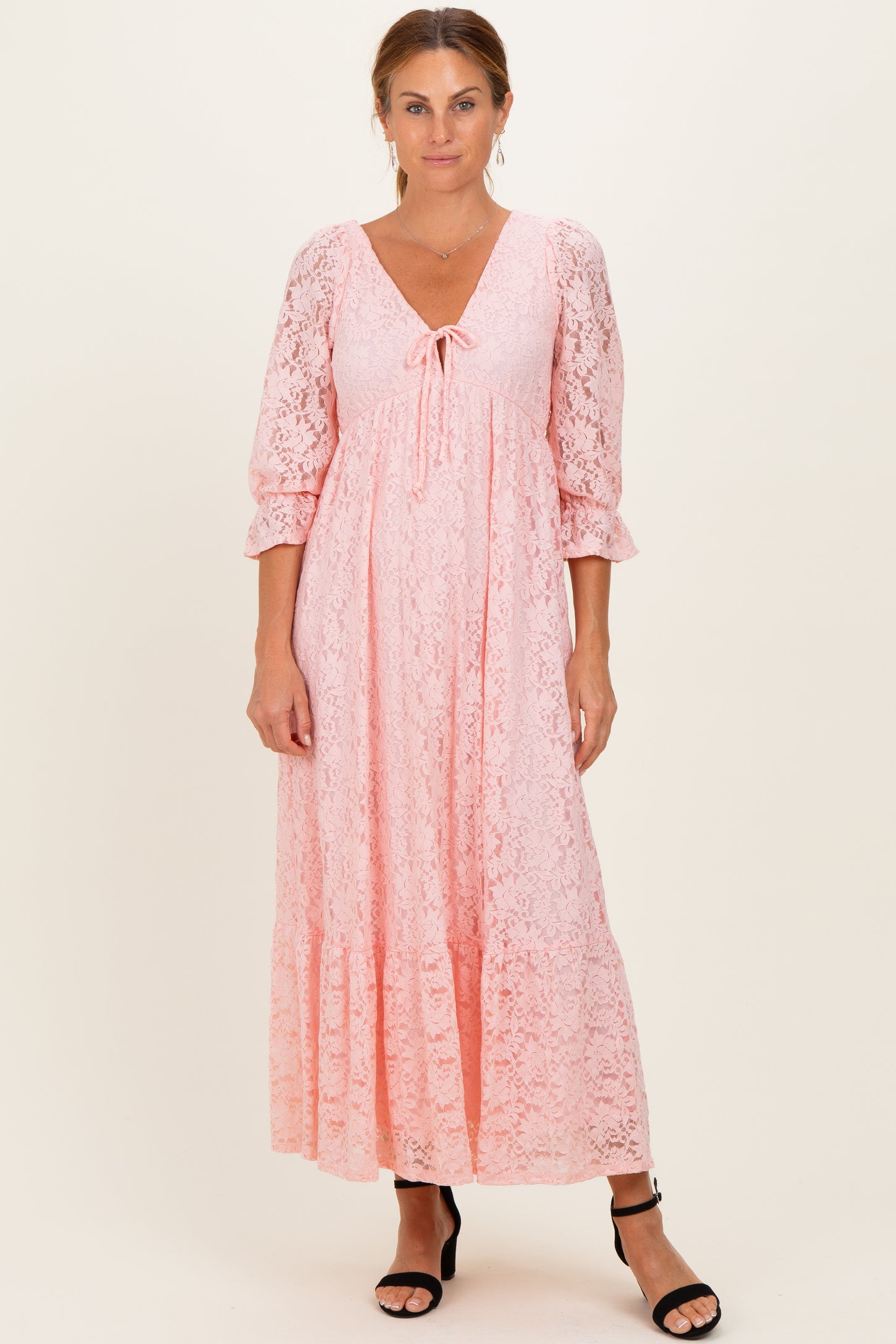 Light Pink Floral Lace 3/4 Ruffle Sleeve V-Neck Maxi Dress – PinkBlush