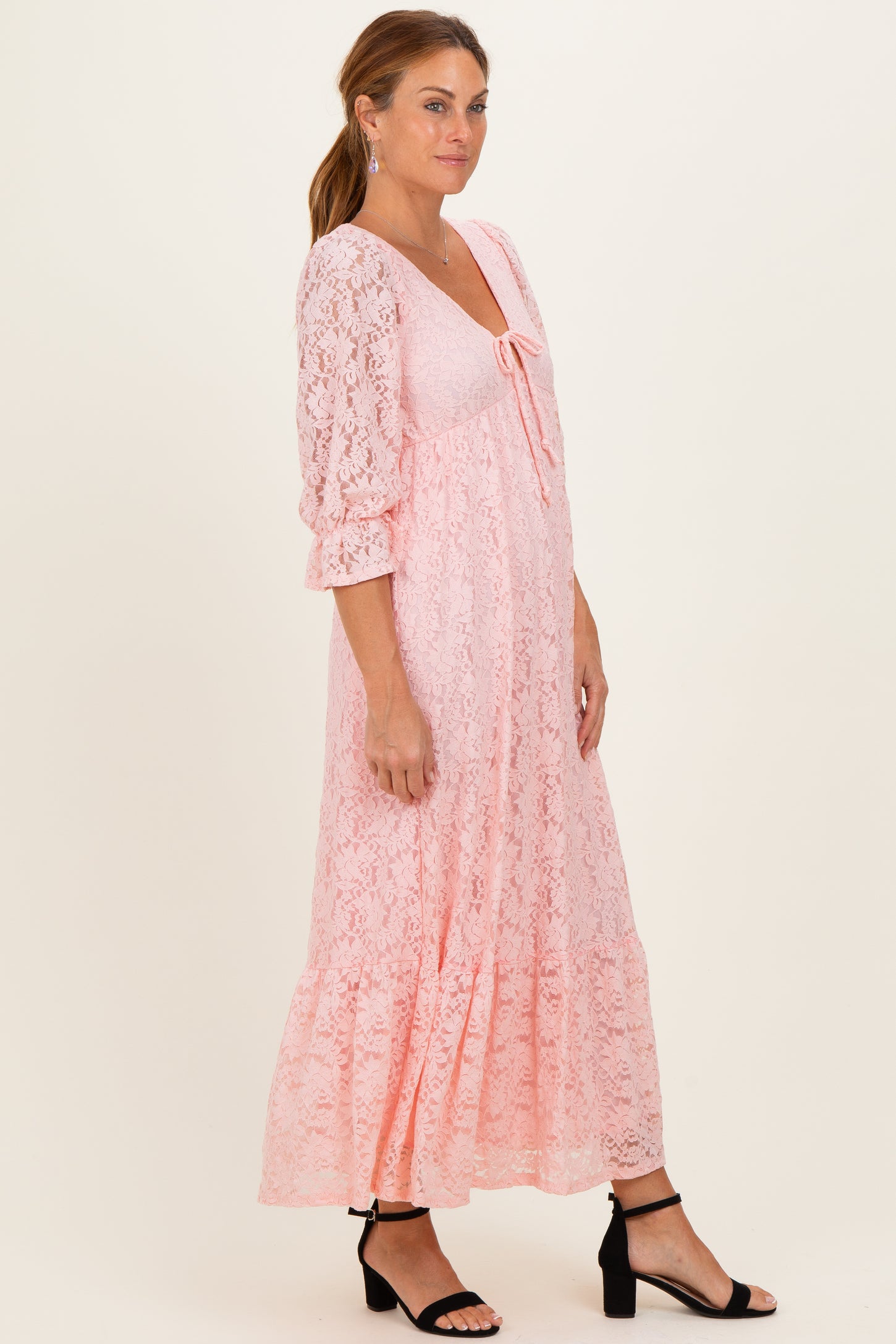 Light Pink Floral Lace 3/4 Ruffle Sleeve V-Neck Maxi Dress – PinkBlush