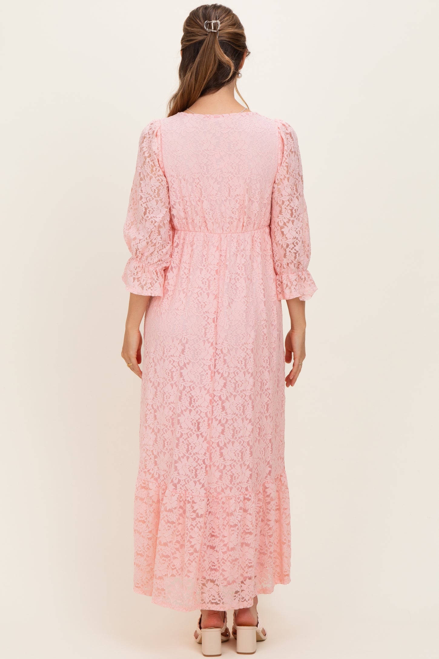 Light Pink Floral Lace 3/4 Ruffle Sleeve V-Neck Maternity Maxi Dress Light Pink Floral Lace 3/4 Ruffle Sleeve V-Neck Maternity Maxi Dress