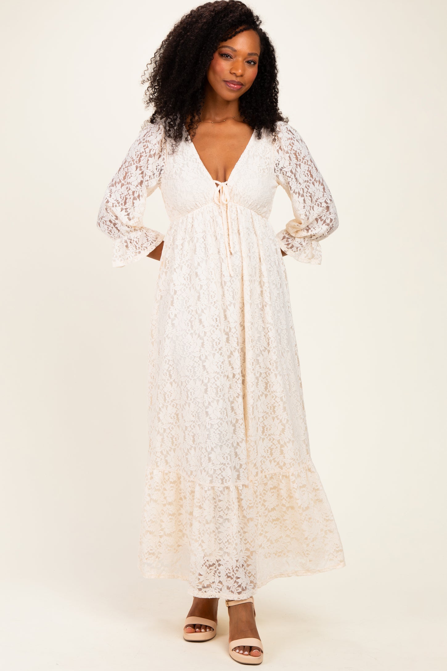 Ivory Floral Lace 3/4 Ruffle Sleeve V-Neck Maxi Dress