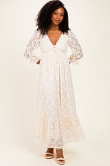 Ivory Floral Lace 3/4 Ruffle Sleeve V-Neck Maternity Maxi Dress
