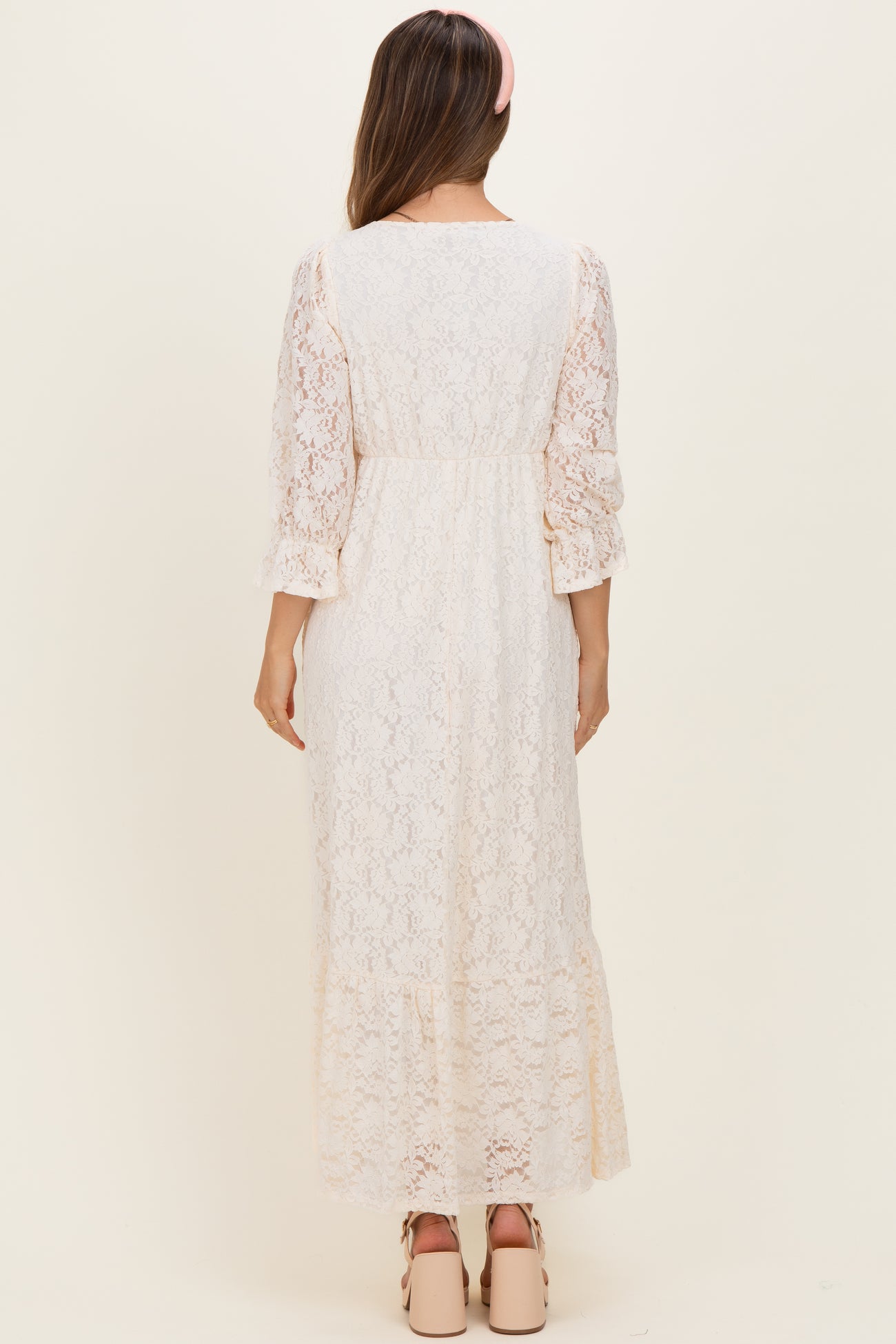 Ivory Floral Lace 3/4 Ruffle Sleeve V-Neck Maternity Maxi Dress