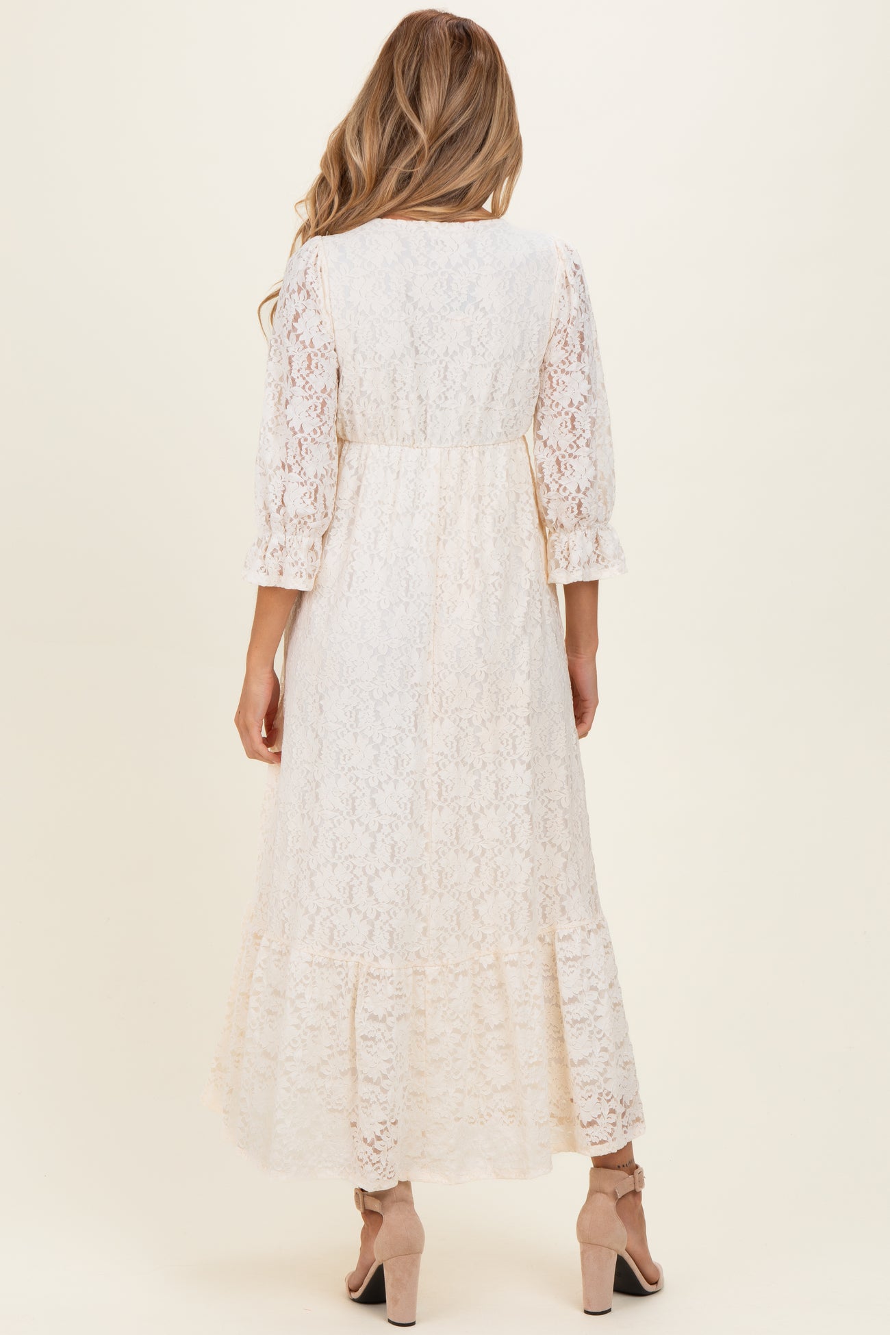 Ivory Floral Lace 3/4 Ruffle Sleeve V-Neck Maternity Maxi Dress