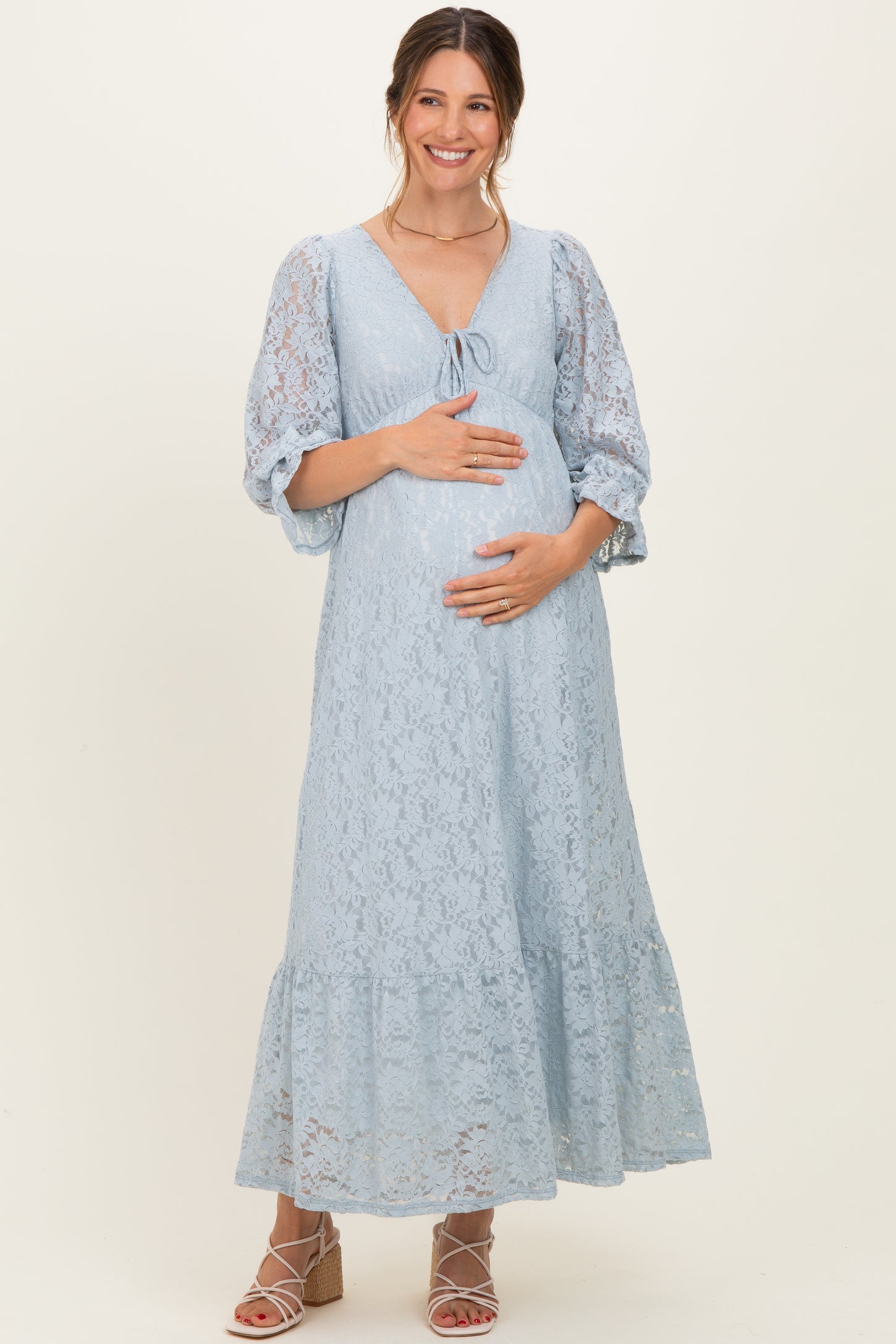 floral lace maternity dress Isabella Floral Lace Trim Maxi Dress in Beige Multi