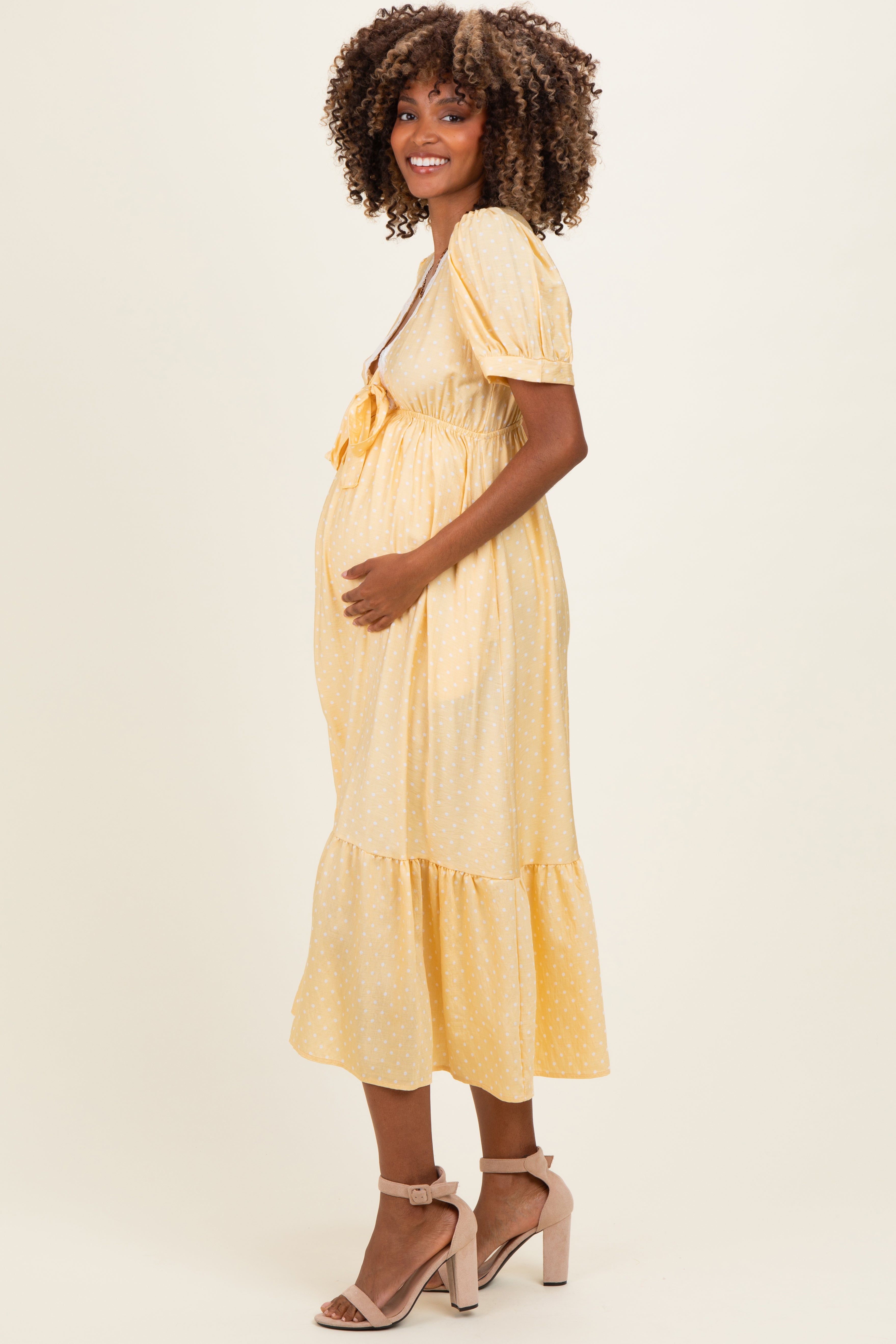 Yellow Polka Dot Short Sleeve Lace V-Neck Ruffle Hem Maternity Maxi Dress