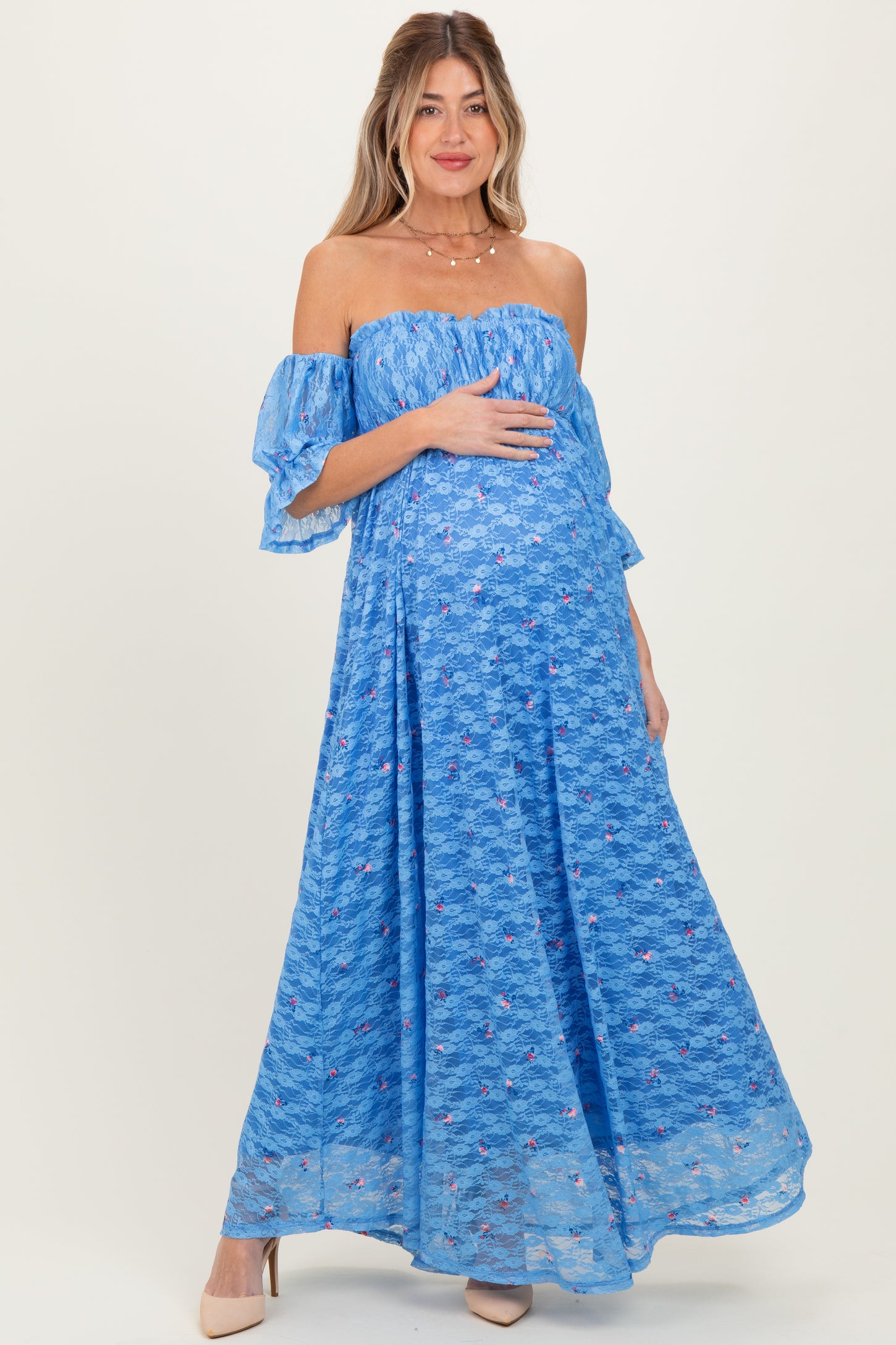 Blue Floral Lace Off Shoulder Ruffe Sleeve Maternity Maxi Dress – PinkBlush