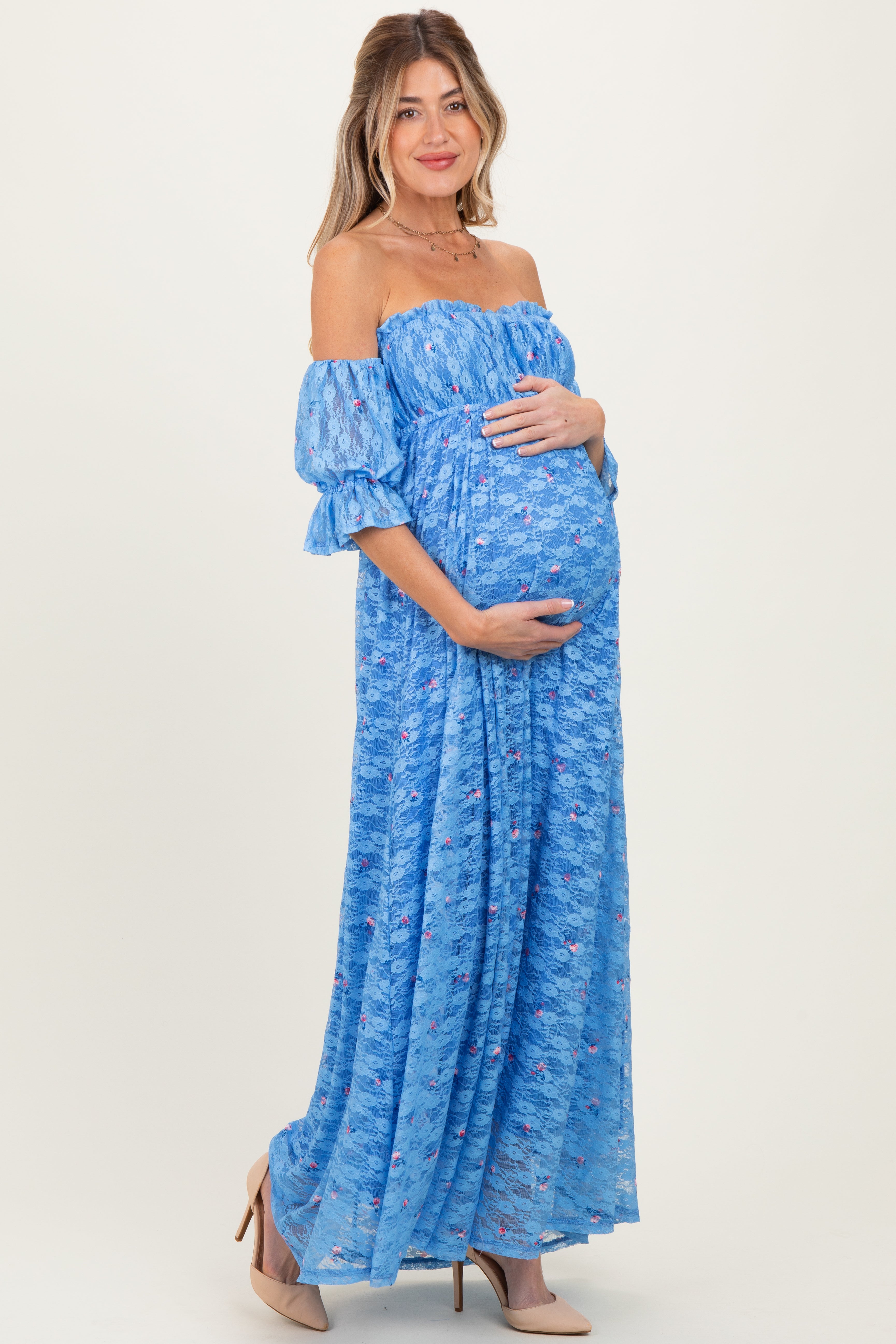 Blue Floral Lace Off Shoulder Ruffe Sleeve Maternity Maxi Dress – PinkBlush