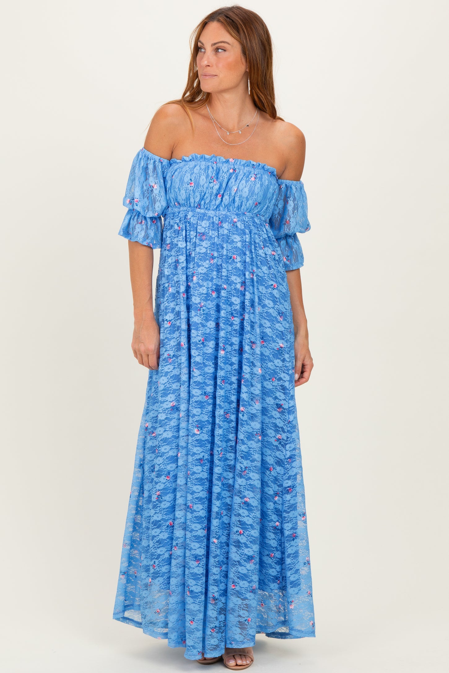 pink blush blue floral dress Dusty Blue Floral Shoulder Tie Button Down Midi Dress