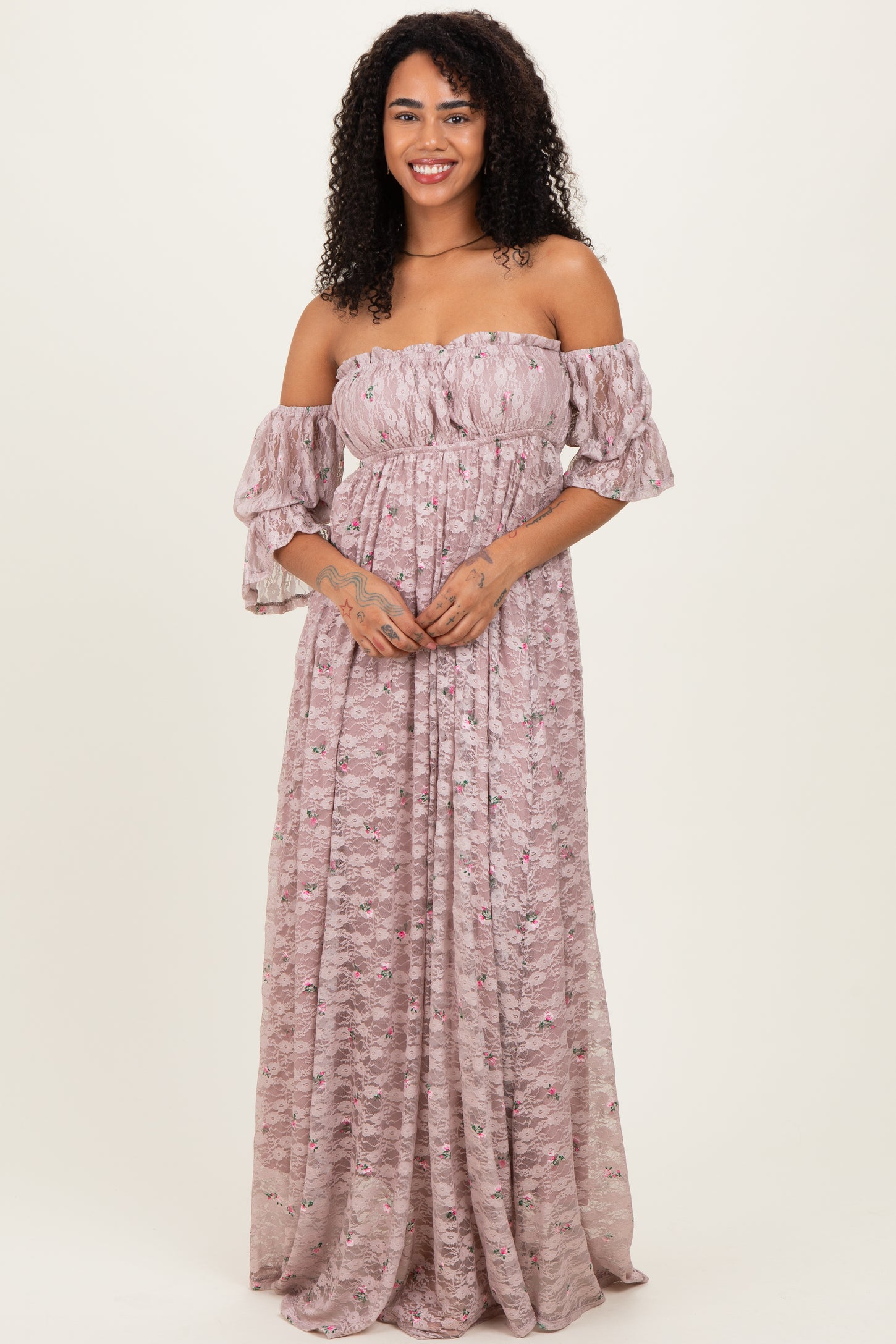 Taupe Floral Lace Off Shoulder Ruffle Sleeve Maxi Dress
