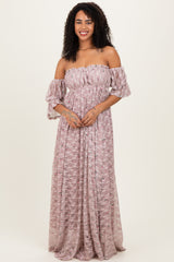 Taupe Floral Lace Off Shoulder Ruffle Sleeve Maxi Dress