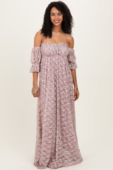 Taupe Floral Lace Off Shoulder Ruffle Sleeve Maxi Dress