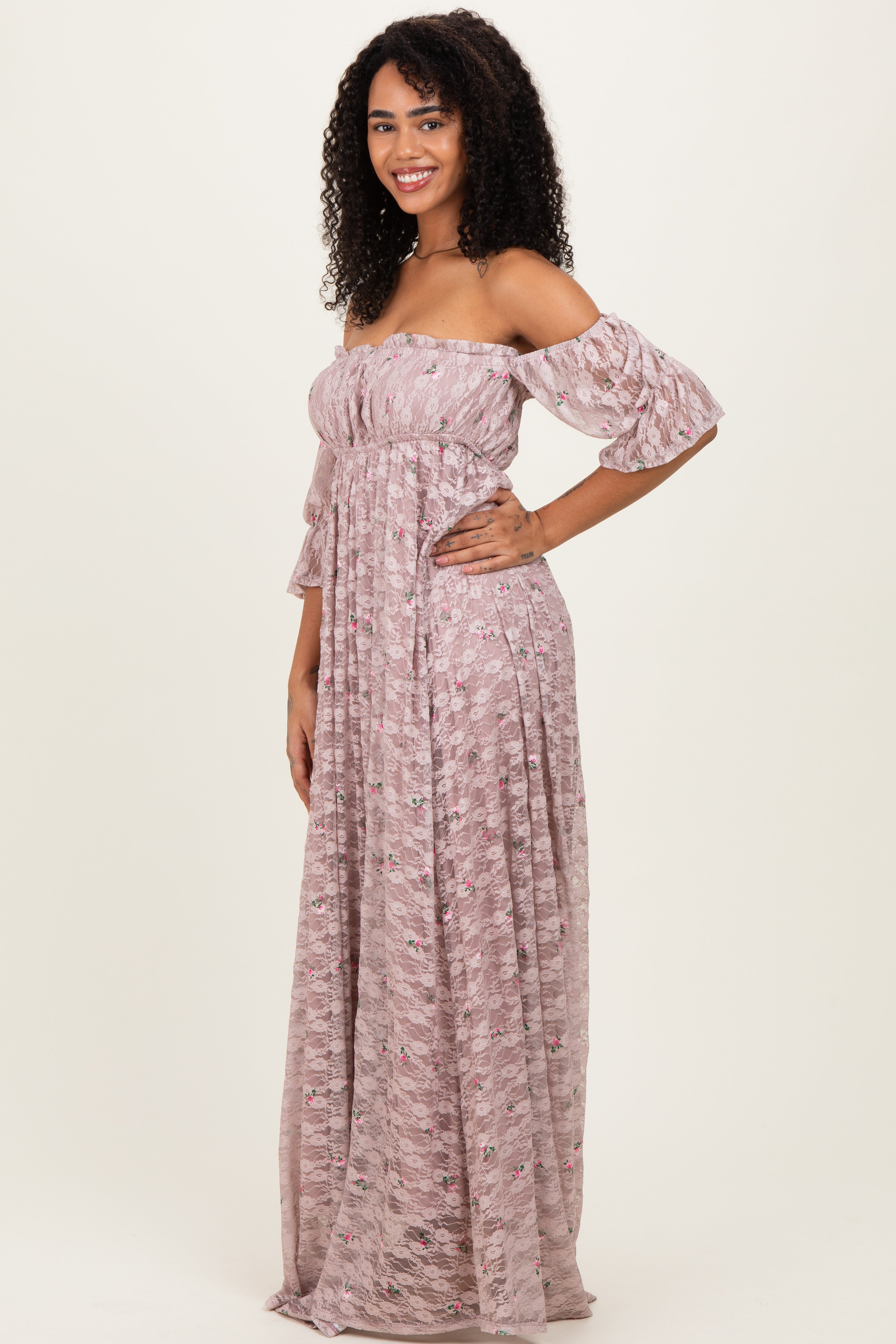 Taupe Floral Lace Off Shoulder Ruffle Sleeve Maxi Dress – PinkBlush