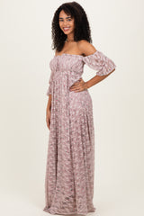 Taupe Floral Lace Off Shoulder Ruffle Sleeve Maxi Dress