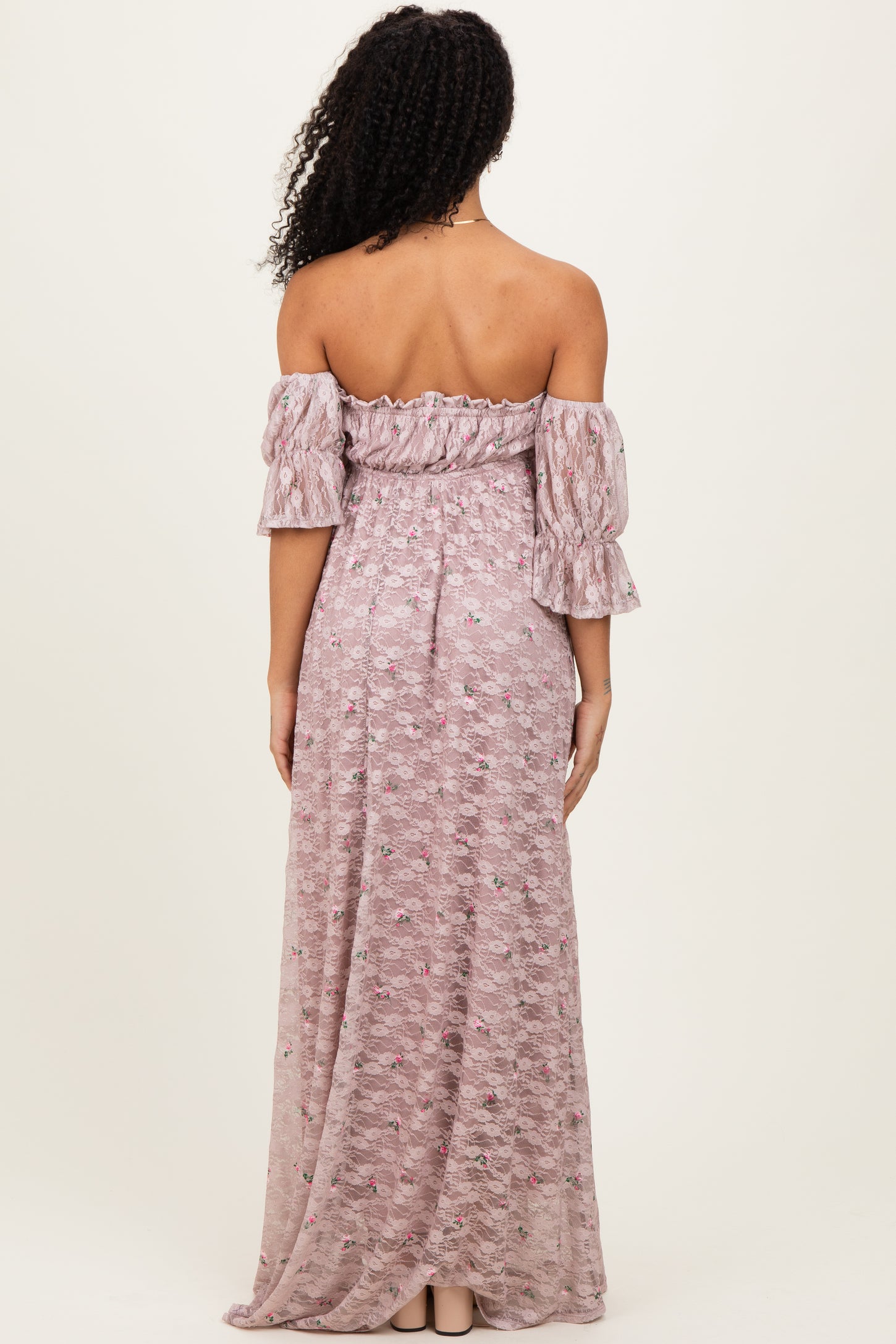 Taupe Floral Lace Off Shoulder Ruffle Sleeve Maxi Dress