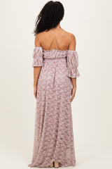 Taupe Floral Lace Off Shoulder Ruffle Sleeve Maxi Dress