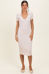 Ivory/ Light Pink Striped Short Sleeve Collared V-Neck Fitted Midi Dress