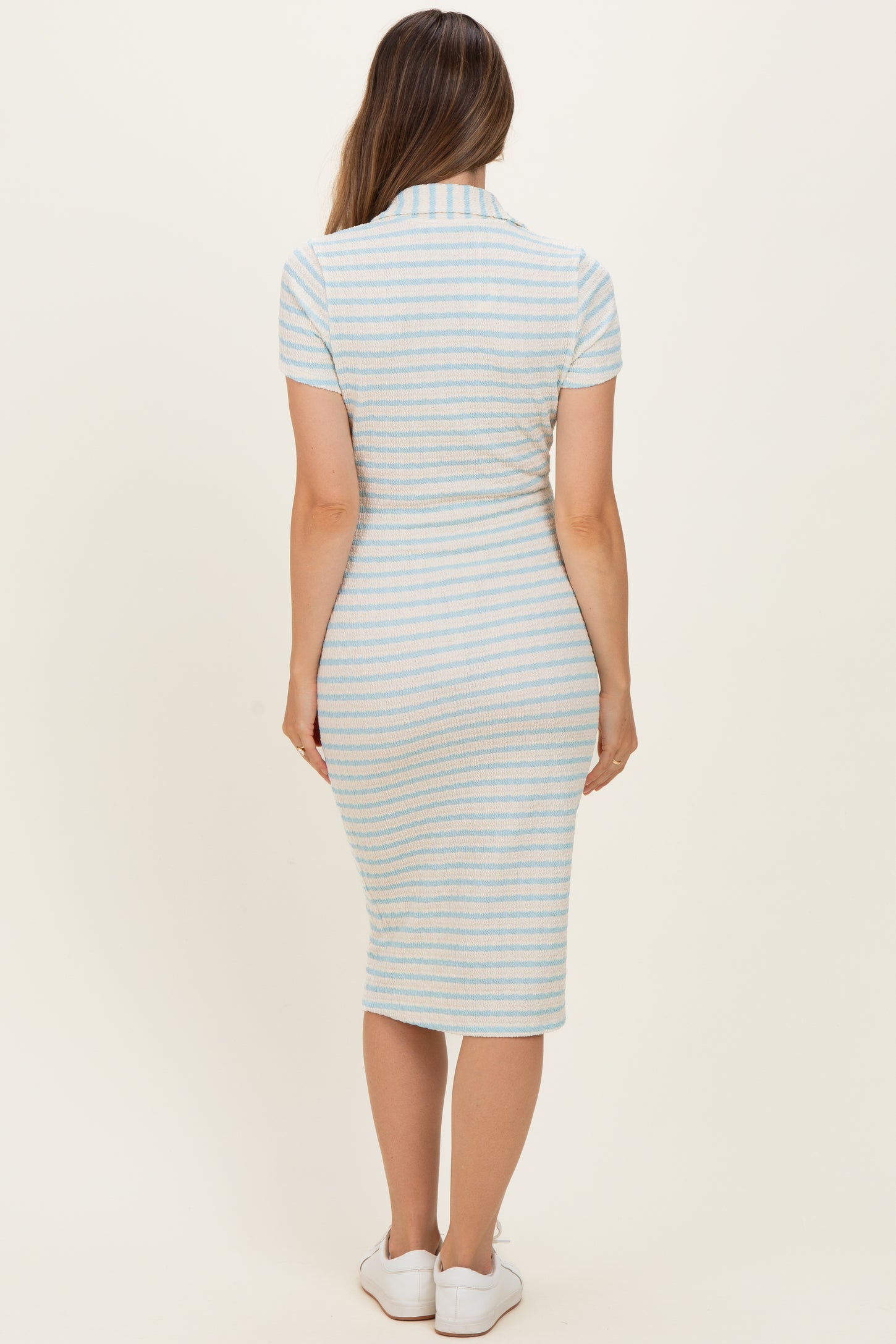 Ivory/ Blue Striped Short Sleeve Collared V-Neck Fitted Maternity Midi Dress