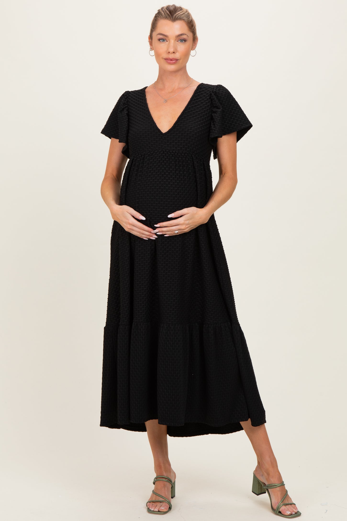 Black Textured Ruffle Hem Maternity Maxi Dress Black Textured Ruffle Hem Maternity Maxi Dress