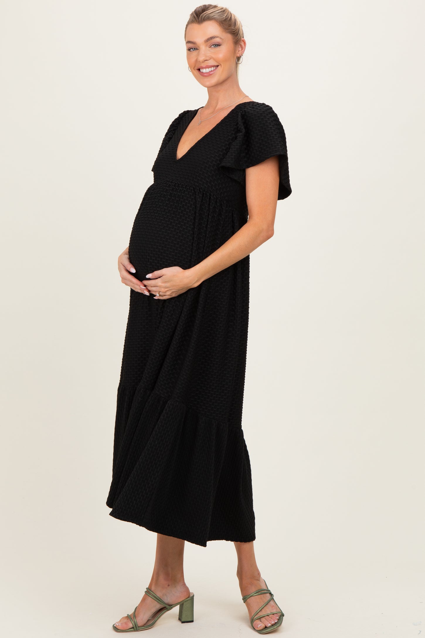 Black Textured Ruffle Hem Maternity Maxi Dress