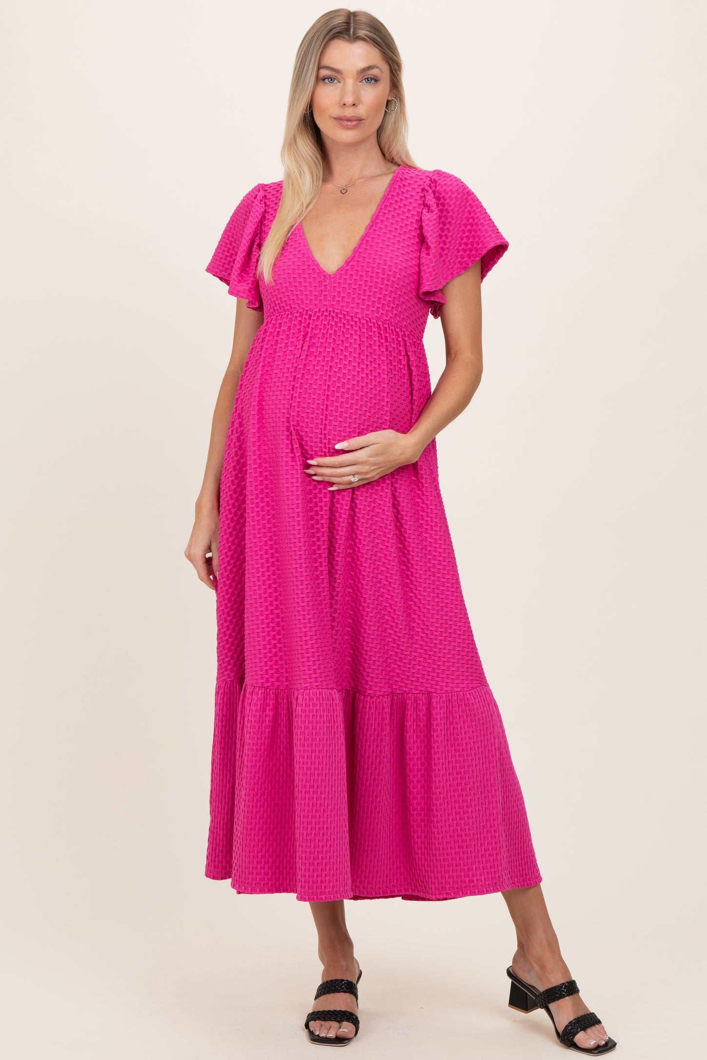 Fuchsia Textured Ruffle Hem Maternity Maxi Dress