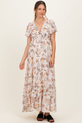 Beige Vintage Floral Short Sleeve V-Neck Tiered Maternity Maxi Dress