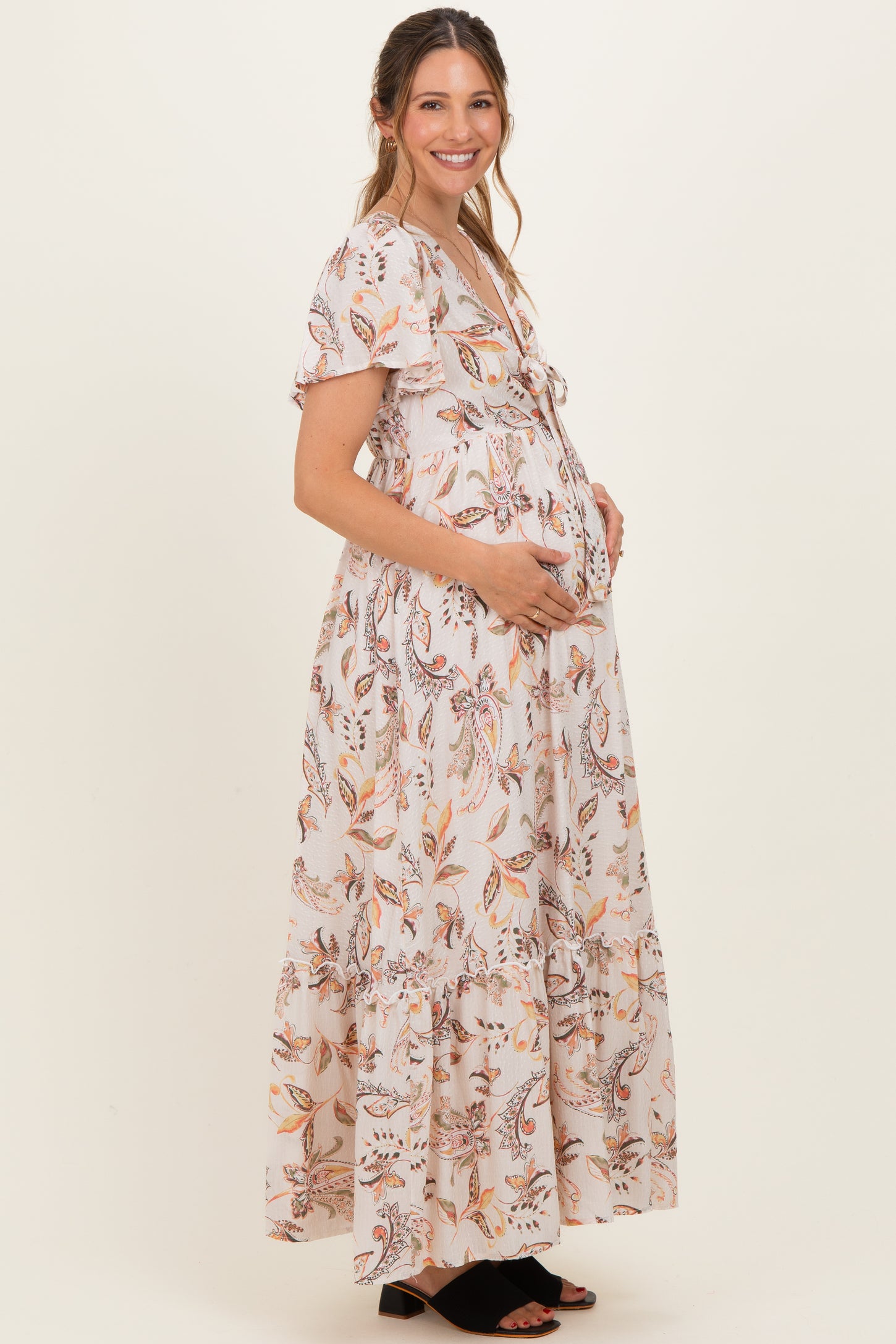 Beige Vintage Floral Short Sleeve V-Neck Tiered Maternity Maxi Dress Beige Vintage Floral Short Sleeve V-Neck Tiered Maternity Maxi Dress