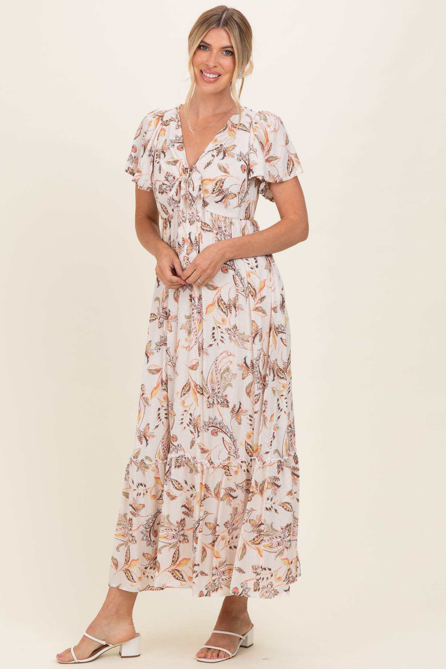 Beige Vintage Floral Short Sleeve V-Neck Tiered Maxi Dress Beige Vintage Floral Short Sleeve V-Neck Tiered Maxi Dress
