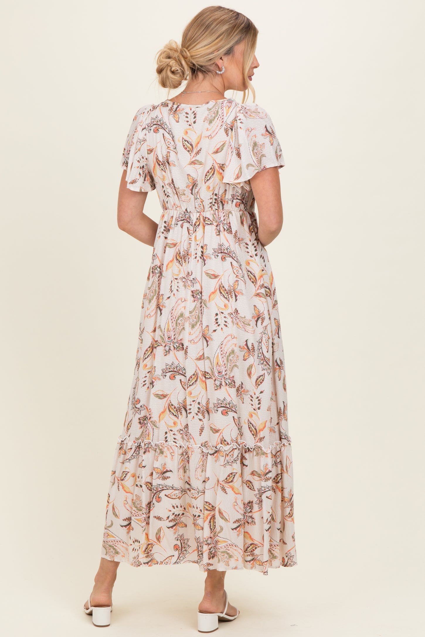 Beige Vintage Floral Short Sleeve V-Neck Tiered Maxi Dress