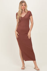 Brown Basic Ribbed Side Slit Maternity Midi Dress