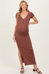 Brown Basic Ribbed Side Slit Maternity Midi Dress