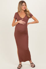 Brown Basic Ribbed Side Slit Maternity Midi Dress