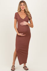 Brown Basic Ribbed Side Slit Maternity Midi Dress