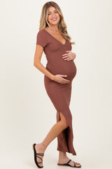 Brown Basic Ribbed Side Slit Maternity Midi Dress