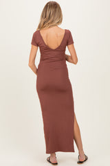 Brown Basic Ribbed Side Slit Maternity Midi Dress