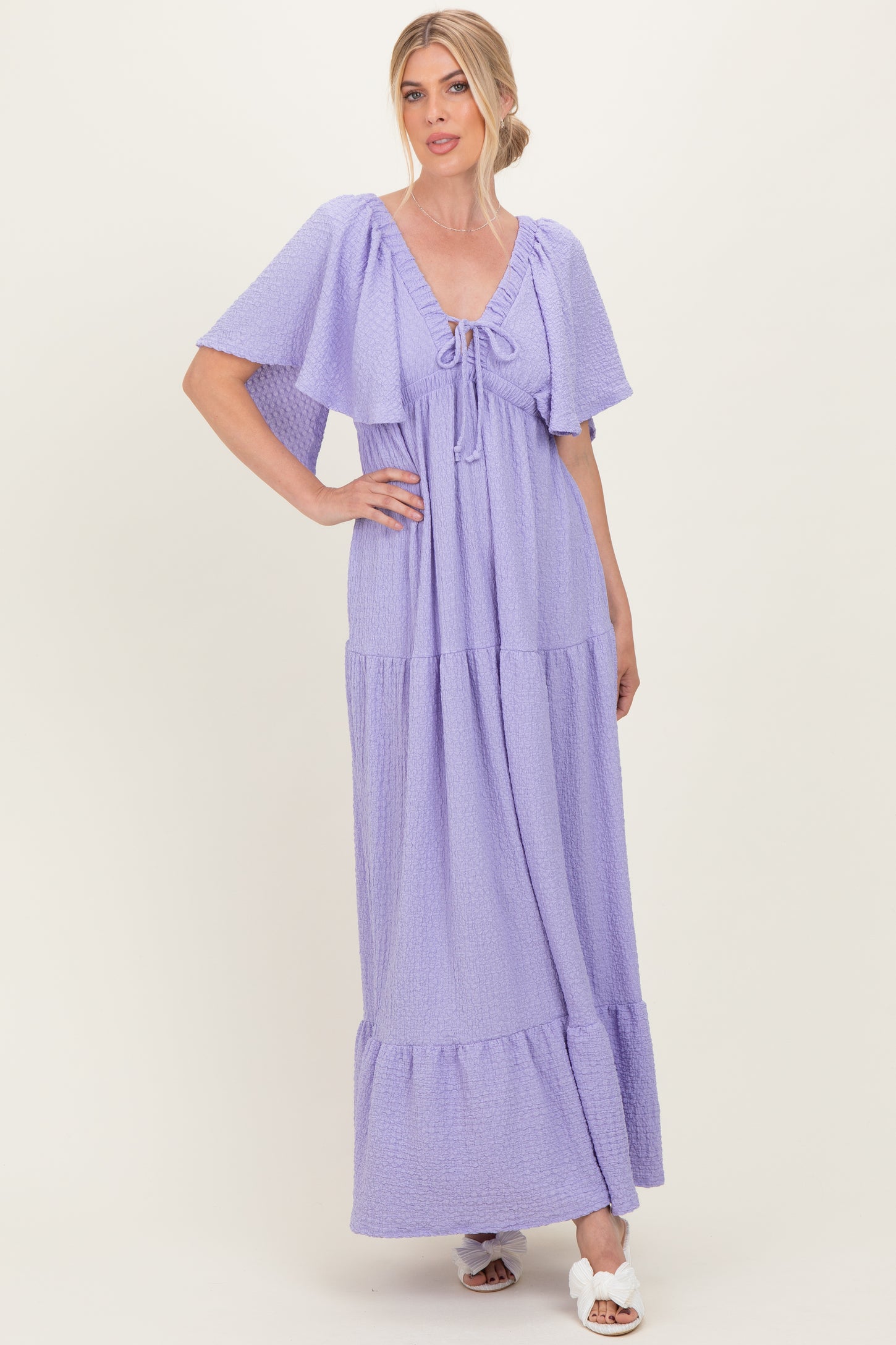 lavender tiered maxi dress Lavender Tiered Maxi Dress With Pearl Buttons