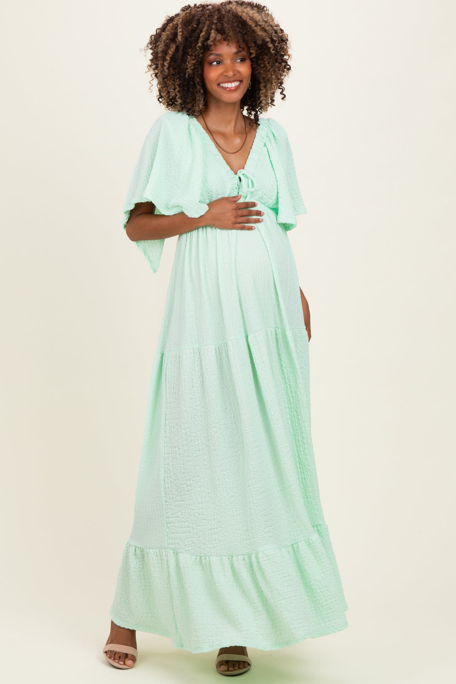 Sage Woven Textured Flutter Sleeve V-Neck Tiered Maternity Maxi Dress