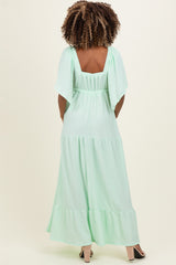 Sage Woven Textured Flutter Sleeve V-Neck Tiered Maternity Maxi Dress