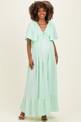 Sage Woven Textured Flutter Sleeve V-Neck Tiered Maternity Maxi Dress