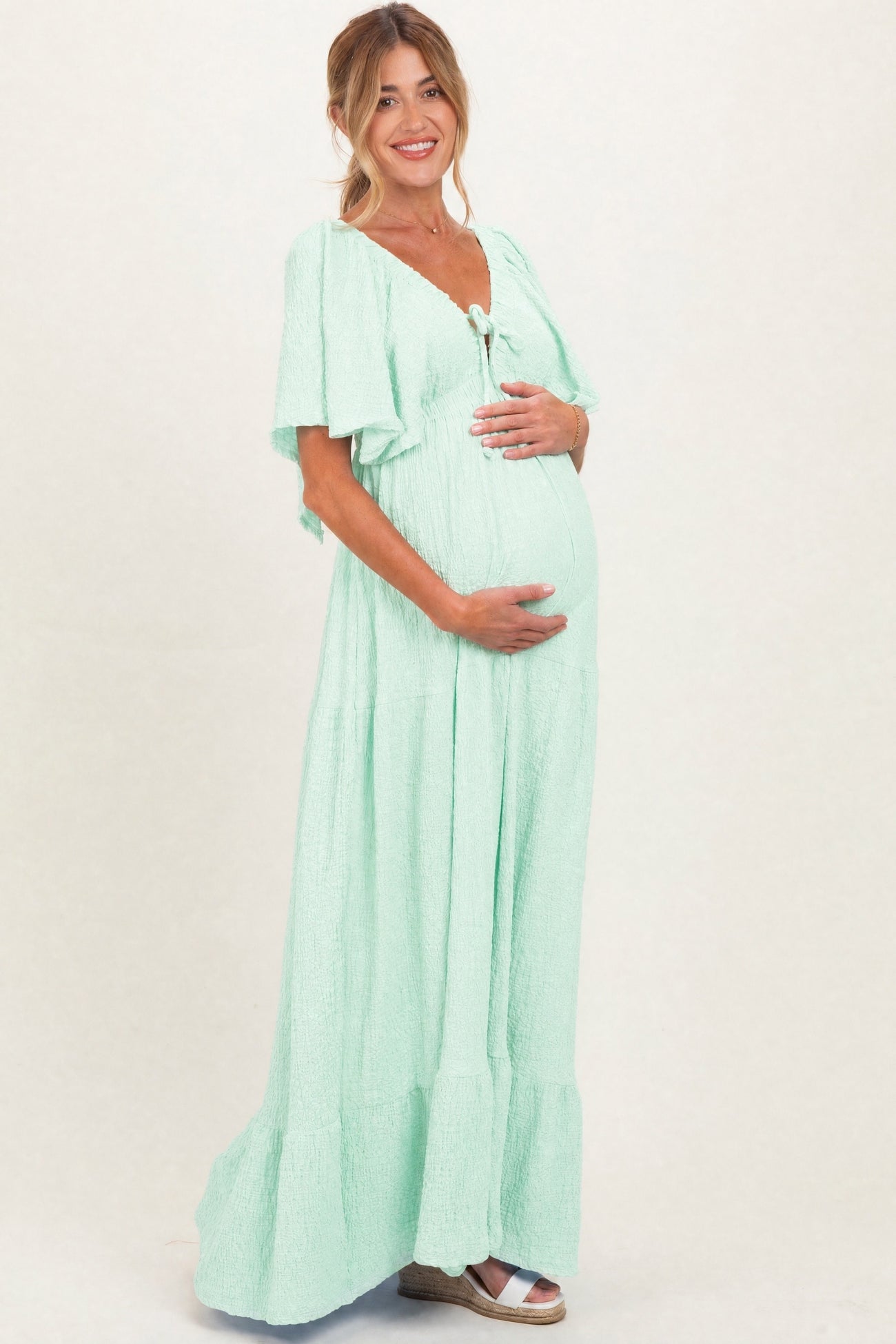 Sage Woven Textured Flutter Sleeve V-Neck Tiered Maternity Maxi Dress