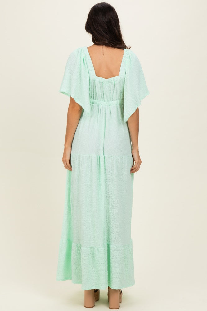 Sage Woven Textured Flutter Sleeve V-Neck Tiered Maxi Dress