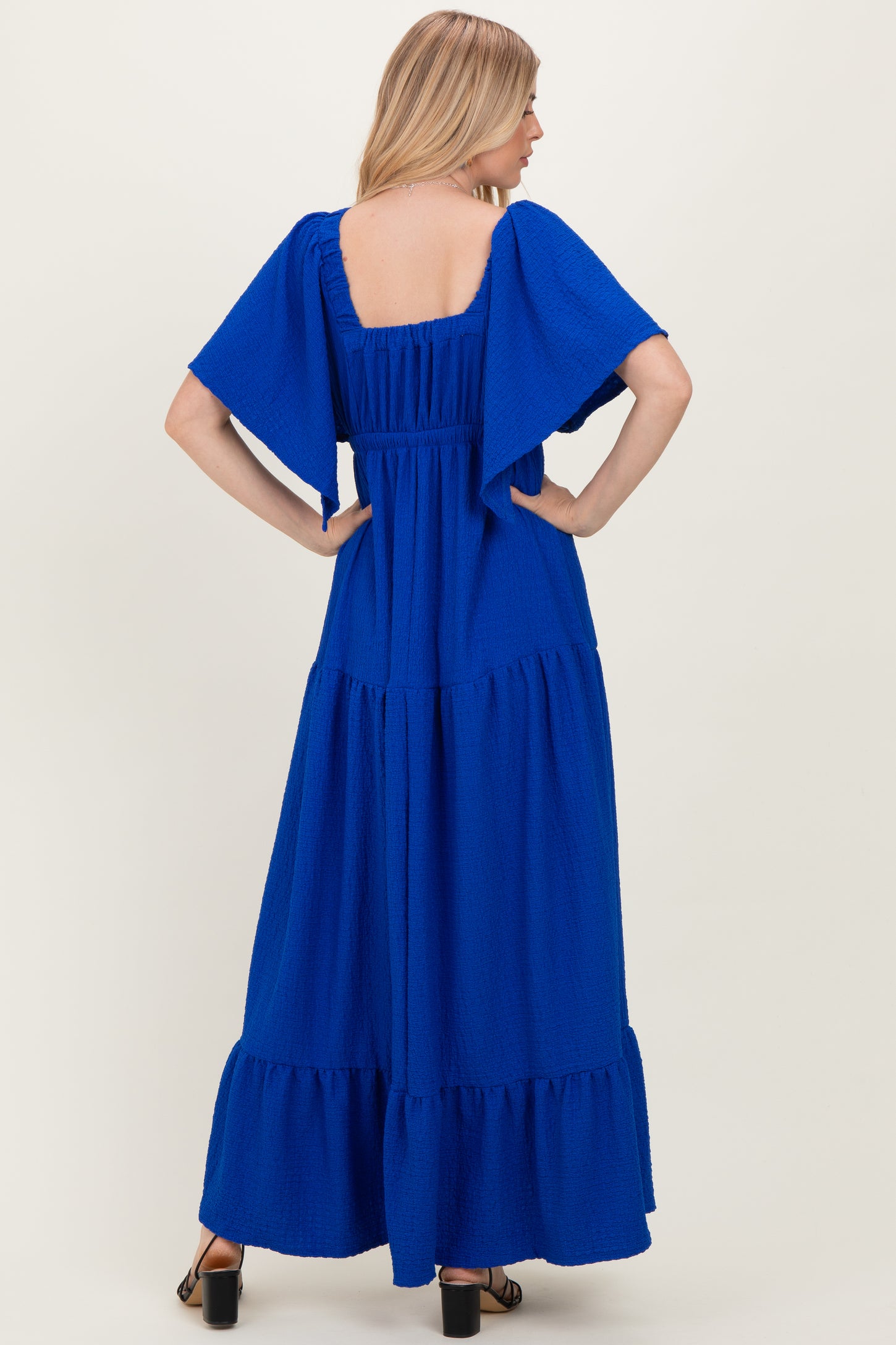 flutter sleeve v-neck tiered bridesmaid dress V Neck Flutter Sleeve Cut Out Back Padded Tiered Flared Maxi Dress