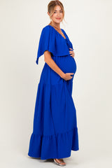 Royal Woven Textured Flutter Sleeve V-Neck Tiered Maternity Maxi Dress