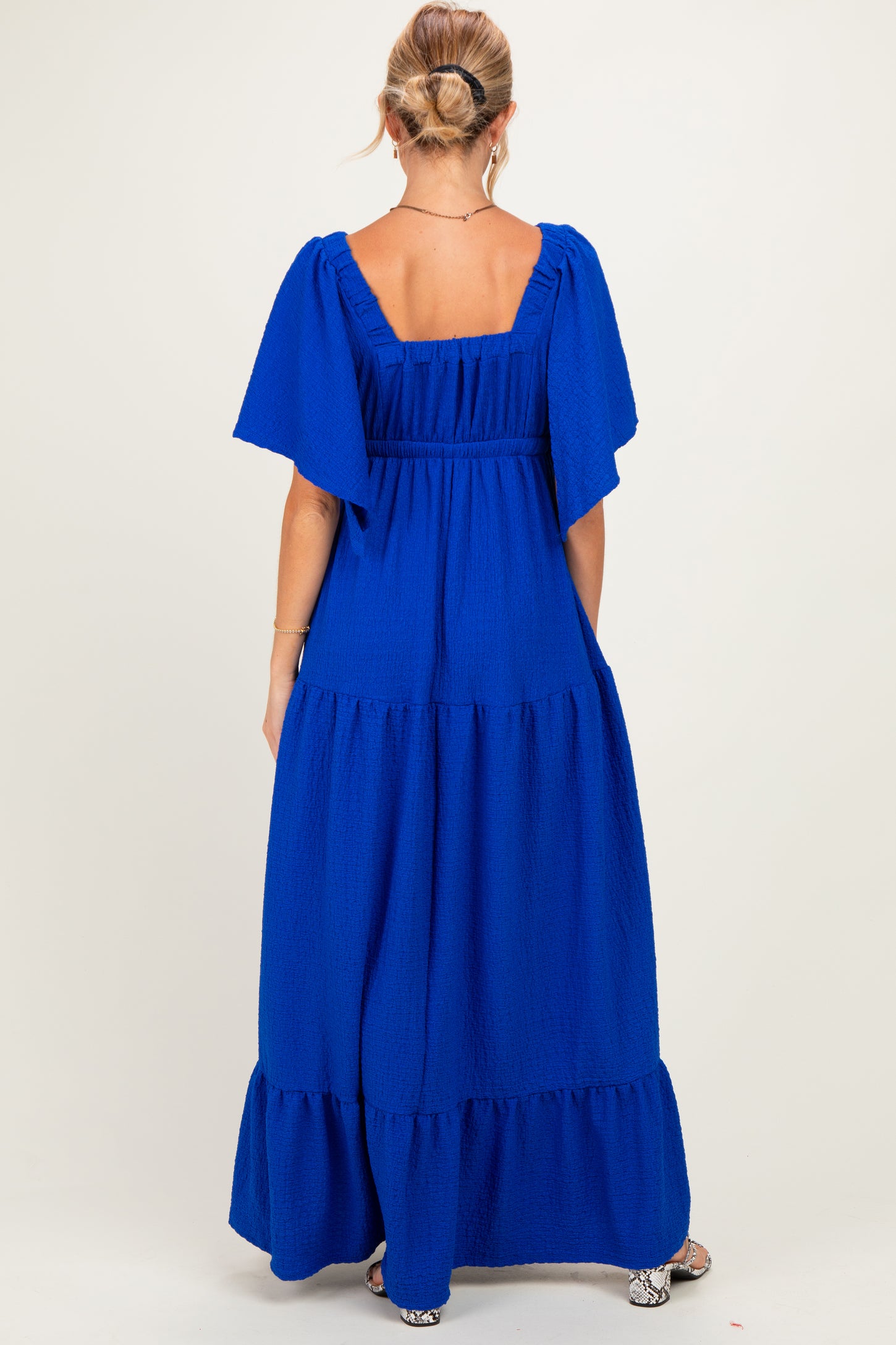 Royal Woven Textured Flutter Sleeve V-Neck Tiered Maternity Maxi Dress
