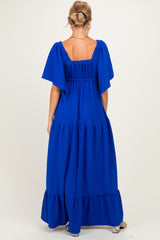 Royal Woven Textured Flutter Sleeve V-Neck Tiered Maternity Maxi Dress
