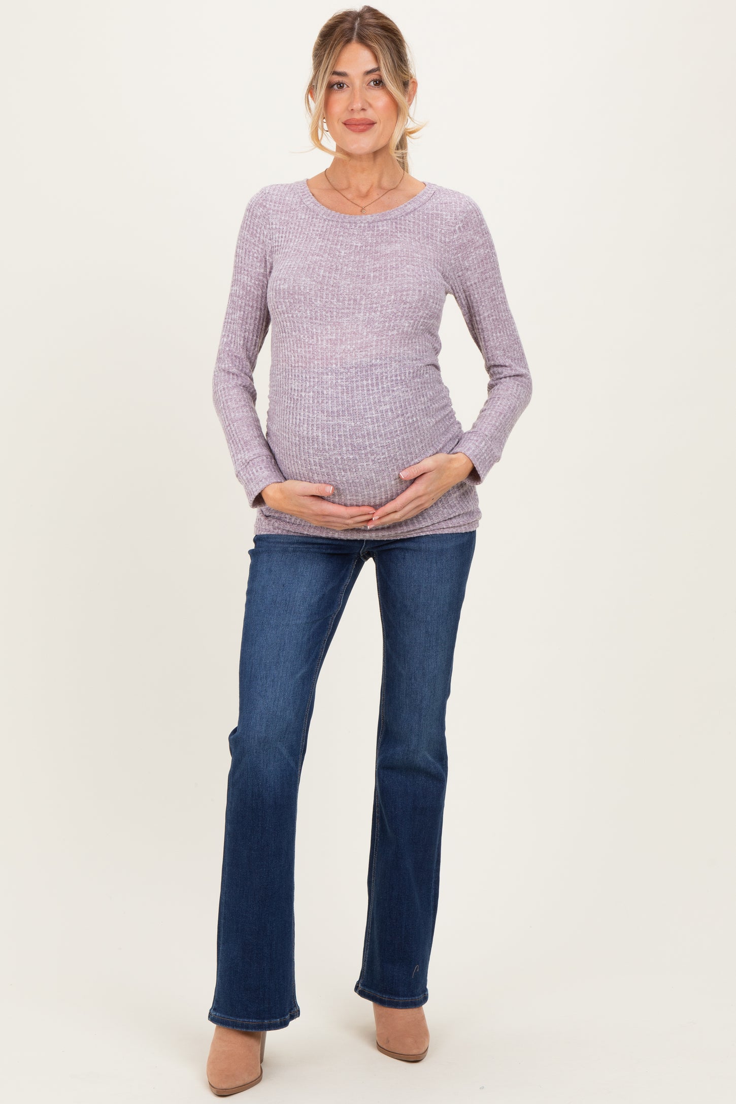 Lavender Waffle Knit Long Sleeve Ruched Maternity Tunic Top