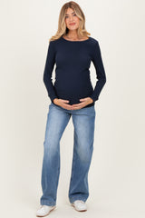 Navy Waffle Knit Long Sleeve Ruched Maternity Tunic Top
