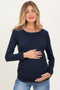 Navy Waffle Knit Long Sleeve Ruched Maternity Tunic Top