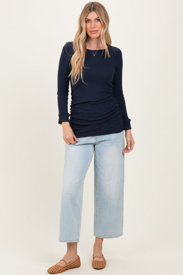 Navy Waffle Knit Long Sleeve Ruched Tunic Top