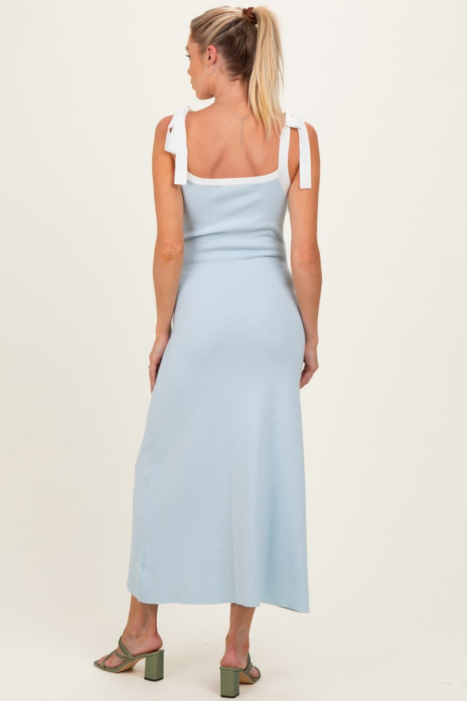 Light Blue Knit Contrast Shoulder Tie Maternity Dress