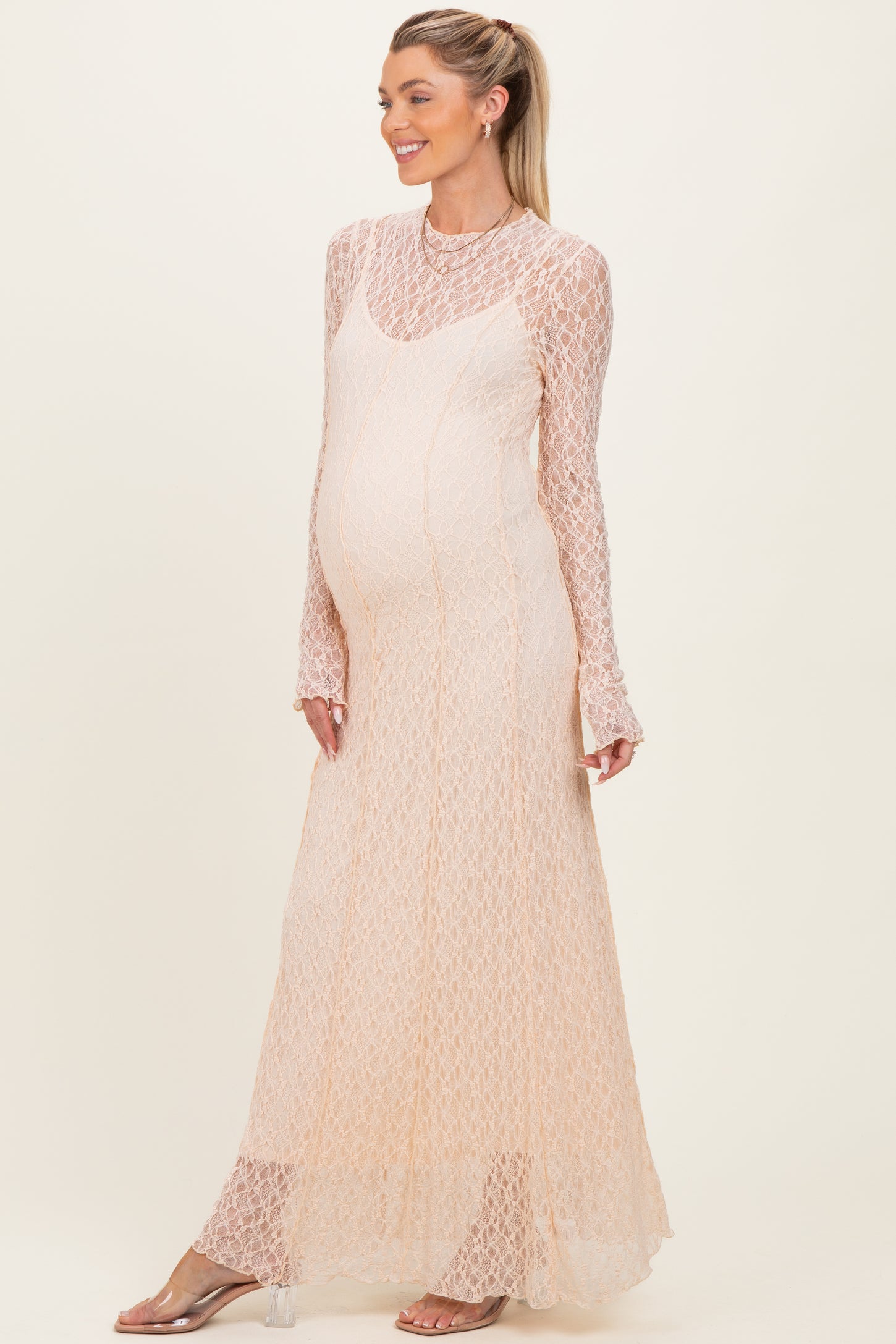 Beige Lace Mock Neck Long Sleeve Maternity Maxi Dress – PinkBlush